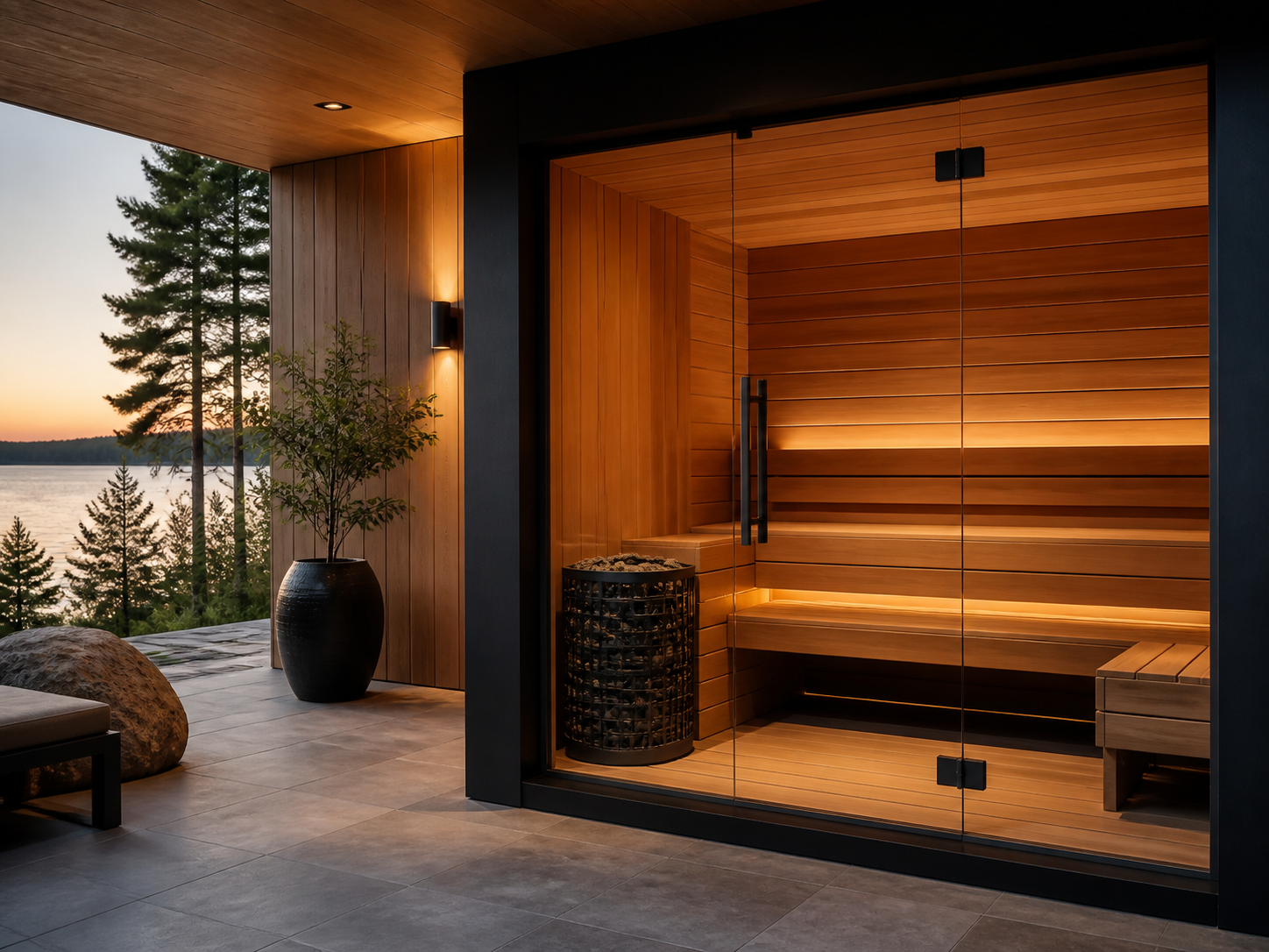 Luxury home sauna overlooking a peaceful lakeside setting