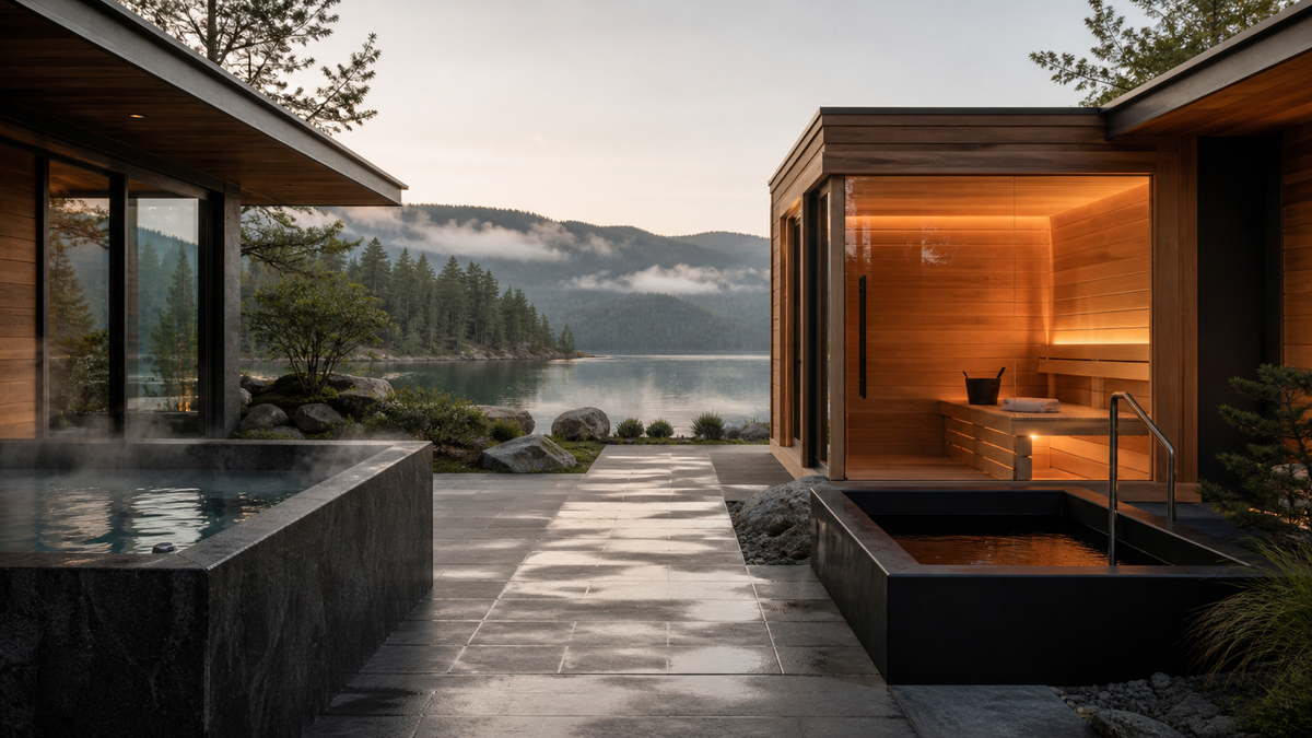 Luxury lakeside home wellness retreat with a sauna, hot tub, and cold plunge