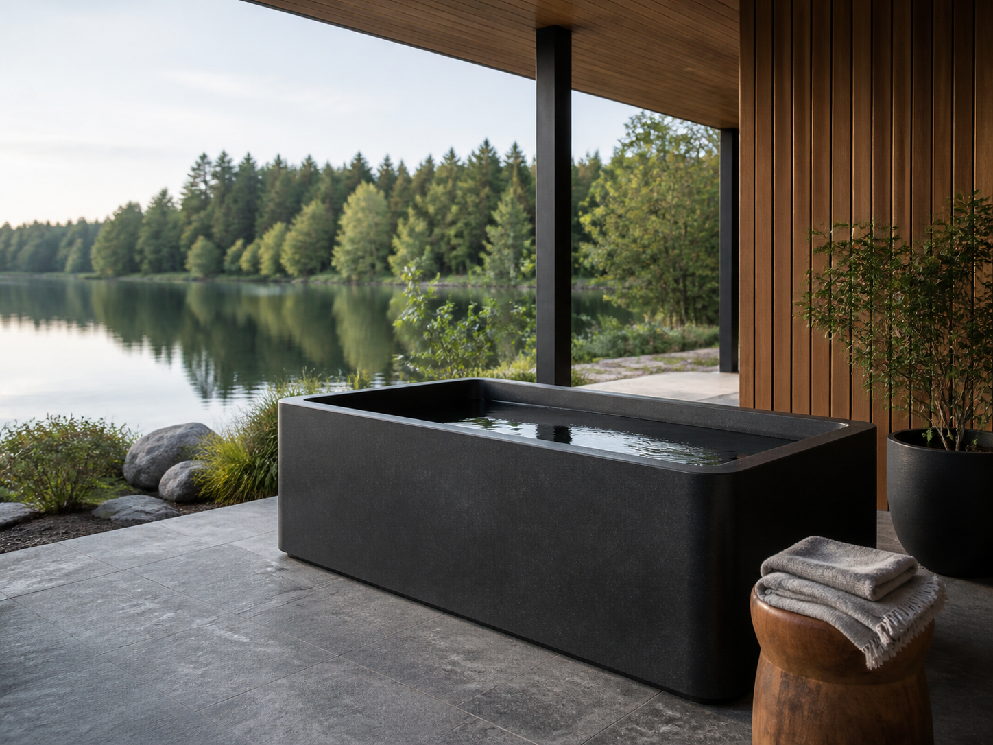 Modern black cold plunge in a peaceful lakeside wellness setting
